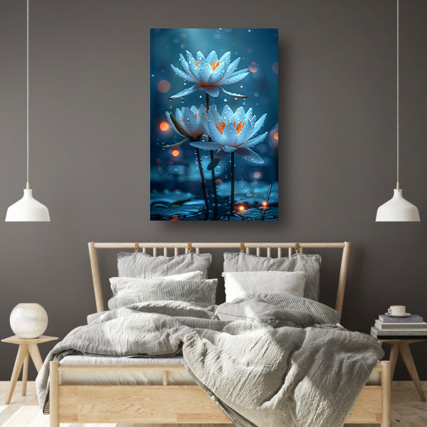 Drie Witte Waterlelies in de Regen canvas met baklijst