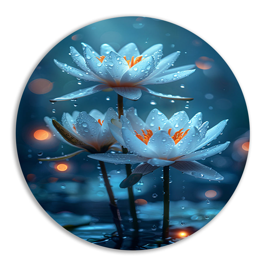 Drie Witte Waterlelies in de Regen forex muurcirkel