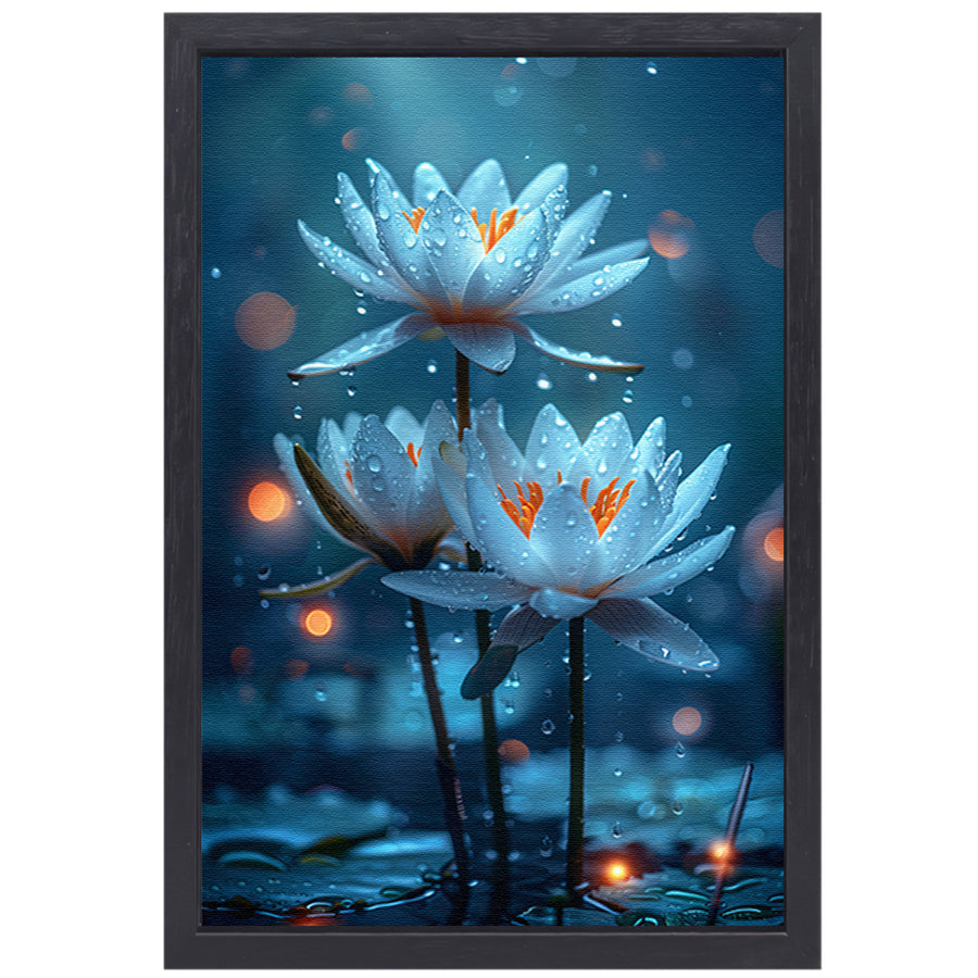 Drie Witte Waterlelies in de Regen canvas met baklijst