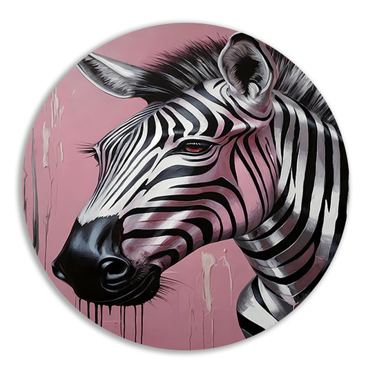 Dynamische zebra op roze met zilveren druppels aluminium muurcirkel