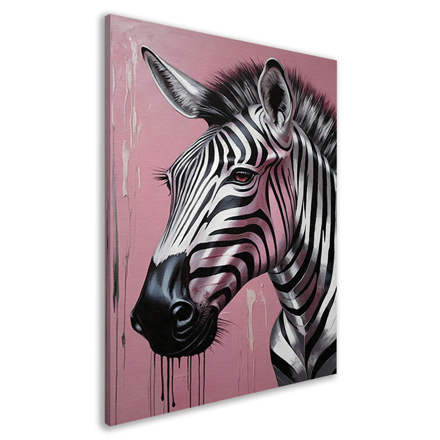 Dynamische zebra op roze met zilveren druppels canvas