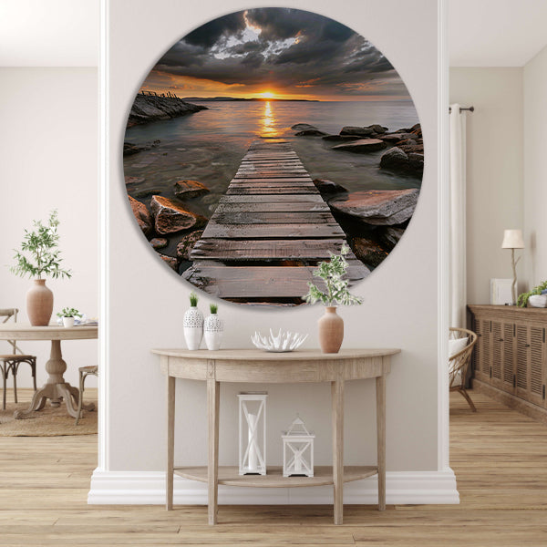 Gouden zonsondergang met dramatische wolken en steiger aluminium muurcirkel