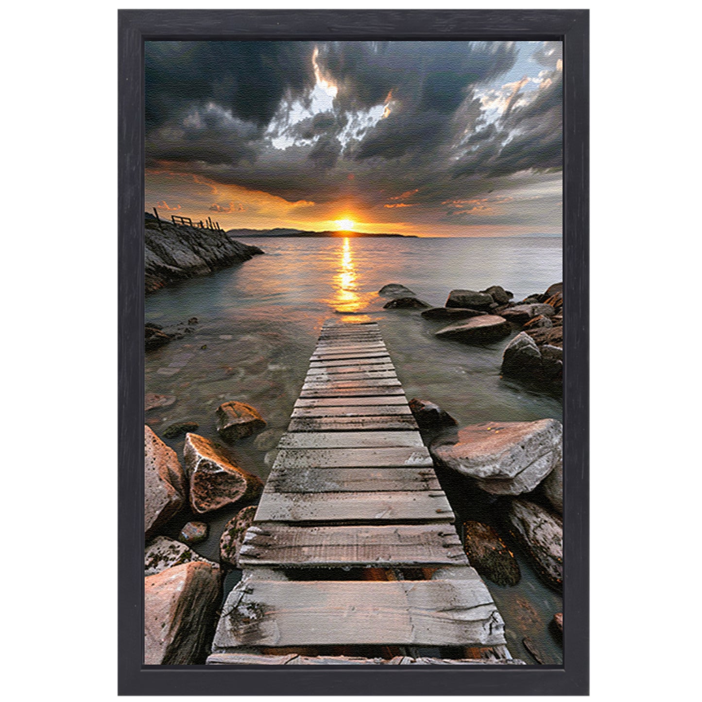 Gouden zonsondergang met dramatische wolken en steiger canvas met baklijst