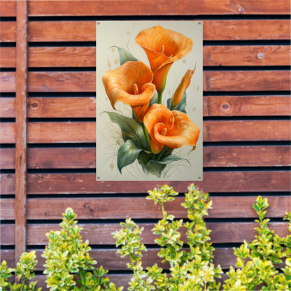 Oranje calla lelies met elegante groene bladeren tuinposter