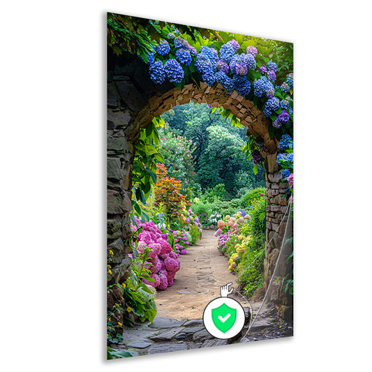 Betoverende Bloementuin met Stenen Boogpad poster