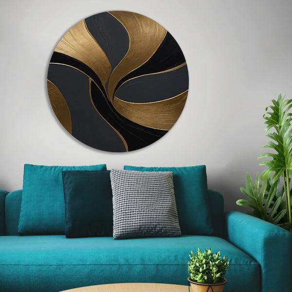 Dynamische Abstractie van Goud en Zwart aluminium muurcirkel
