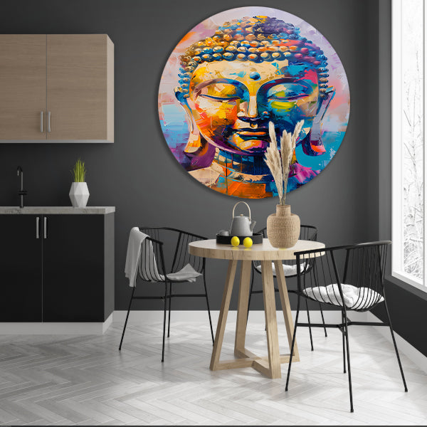 Abstracte Kleurrijke Interpretatie van een Boeddha Hoofd aluminium muurcirkel