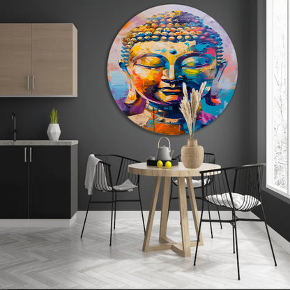 Abstracte Kleurrijke Interpretatie van een Boeddha Hoofd aluminium muurcirkel