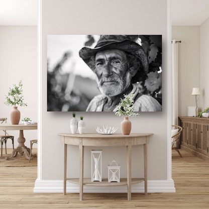 Levenstekening van een oude wijnboer canvas met baklijst