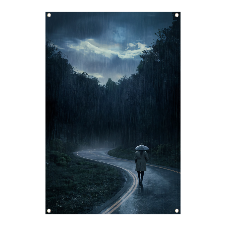 Eenzame wandeling door een regenachtig bos tuinposter