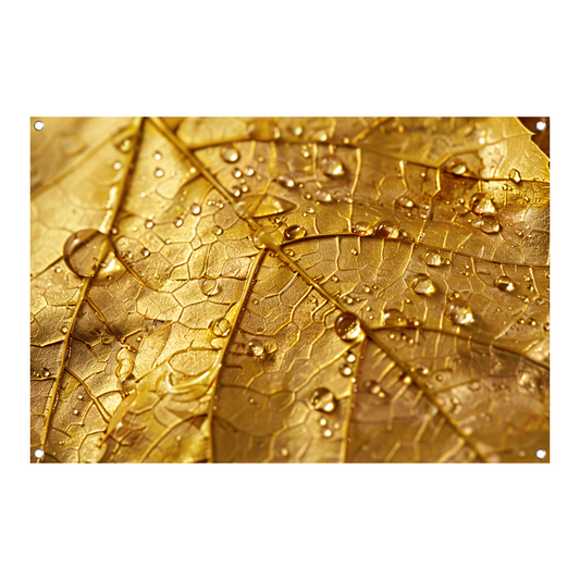 Gouden herfstblad met dauwdruppels close-up tuinposter