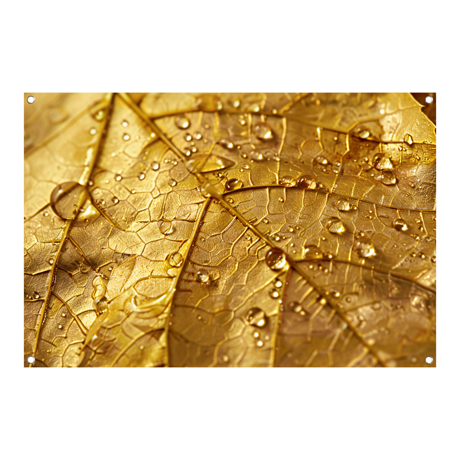 Gouden herfstblad met dauwdruppels close-up tuinposter