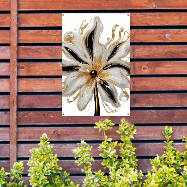 Dynamische Gouden Bloem op Abstracte Achtergrond tuinposter