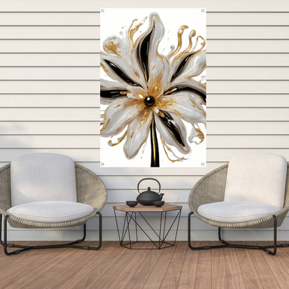 Dynamische Gouden Bloem op Abstracte Achtergrond tuinposter