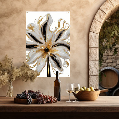 Dynamische Gouden Bloem op Abstracte Achtergrond tuinposter