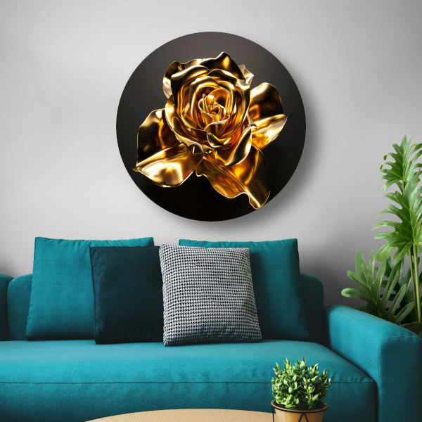Prachtige Gouden Roos met Schitterende Glans aluminium muurcirkel