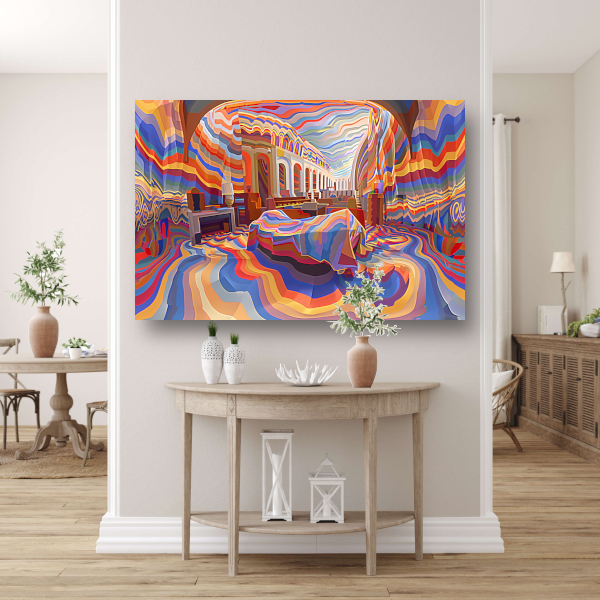 Minimalistische slaapkamer met Mondriaan-invloeden poster