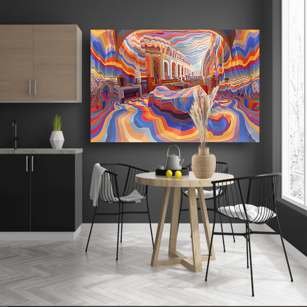 Minimalistische slaapkamer met Mondriaan-invloeden poster