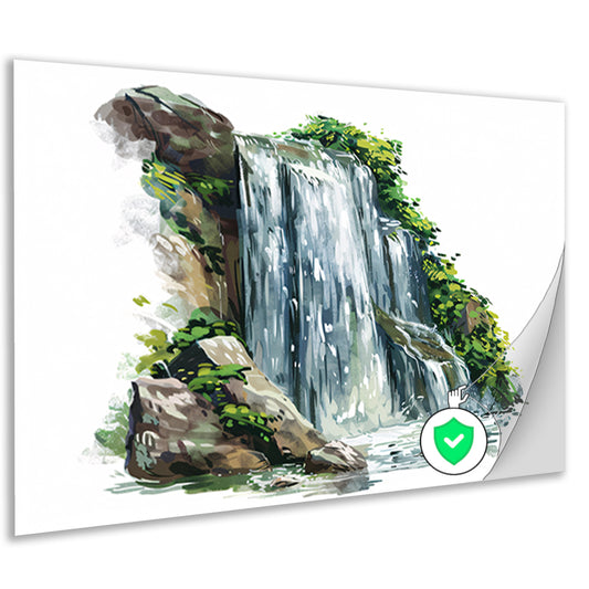 Waterval omringd door natuur en rotsenposter