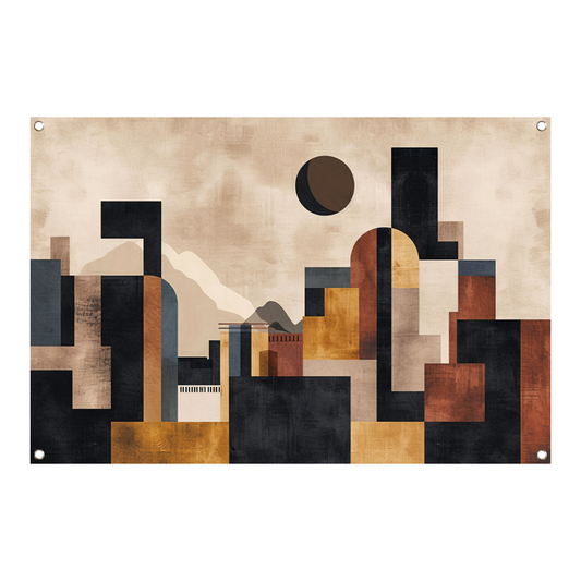 Geometrische Abstracte Skyline in Bruin en Goud tuinposter