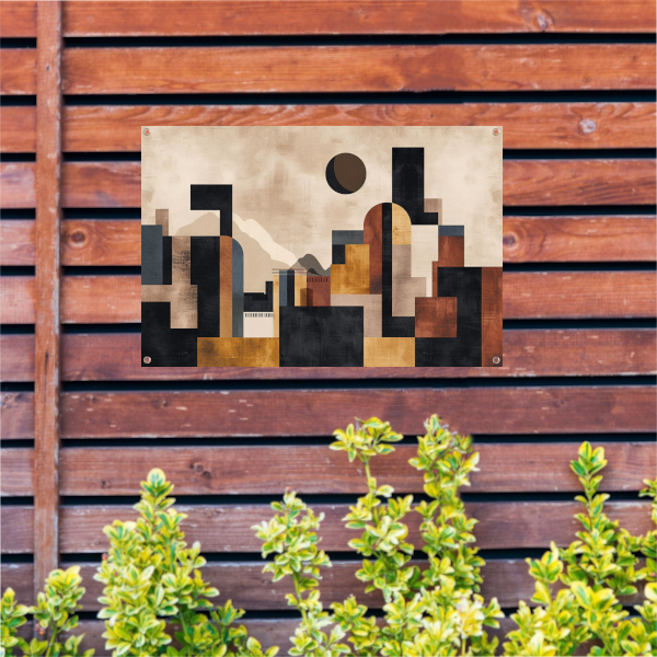 Geometrische Abstracte Skyline in Bruin en Goud tuinposter