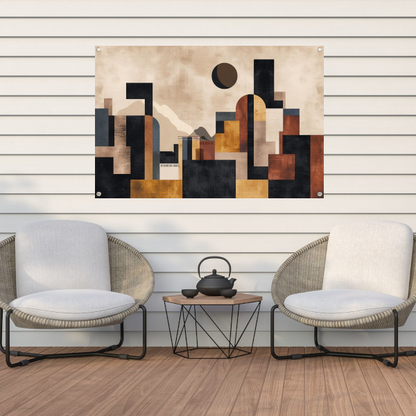 Geometrische Abstracte Skyline in Bruin en Goud tuinposter