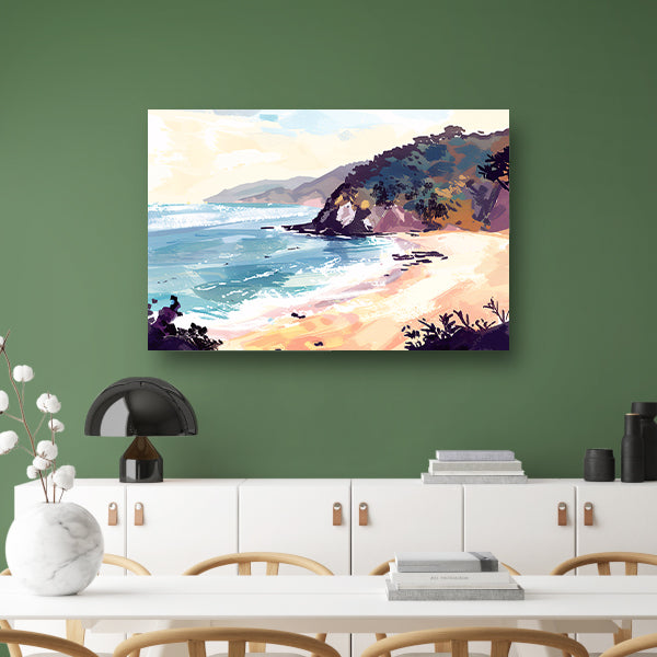 Minimalistisch schilderij van strand bij zonsopgang canvas