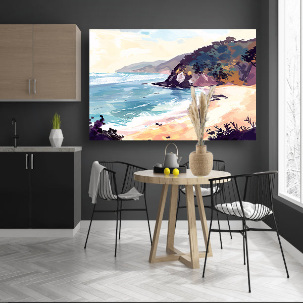 Minimalistisch schilderij van strand bij zonsopgang canvas