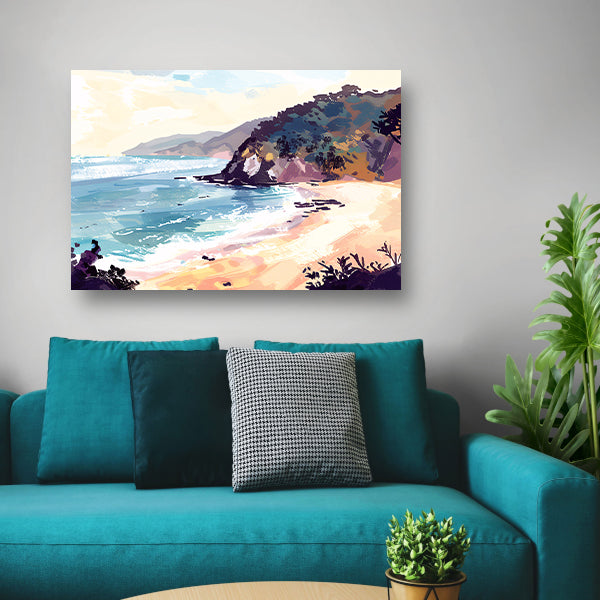 Minimalistisch schilderij van strand bij zonsopgang canvas