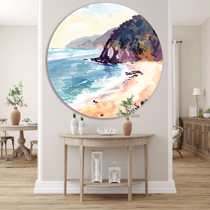 Minimalistisch schilderij van strand bij zonsopgang aluminium muurcirkel