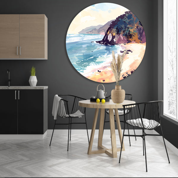 Minimalistisch schilderij van strand bij zonsopgang aluminium muurcirkel