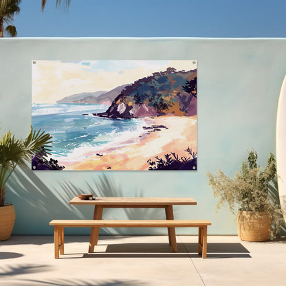 Minimalistisch schilderij van strand bij zonsopgang tuinposter