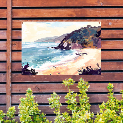 Minimalistisch schilderij van strand bij zonsopgang tuinposter