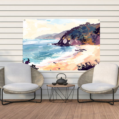 Minimalistisch schilderij van strand bij zonsopgang tuinposter