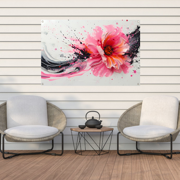 Dynamische abstracte bloem met verfspatten tuinposter