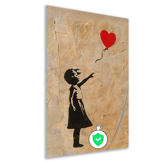 Meisje reikt naar zwevend hart op gebarsten achtergrond poster