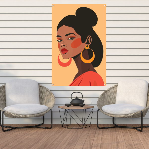 Elegante Dame in Rood met Gouden Oorbel tuinposter