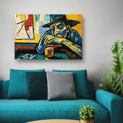Man in café met kaart en glas   acrylglas