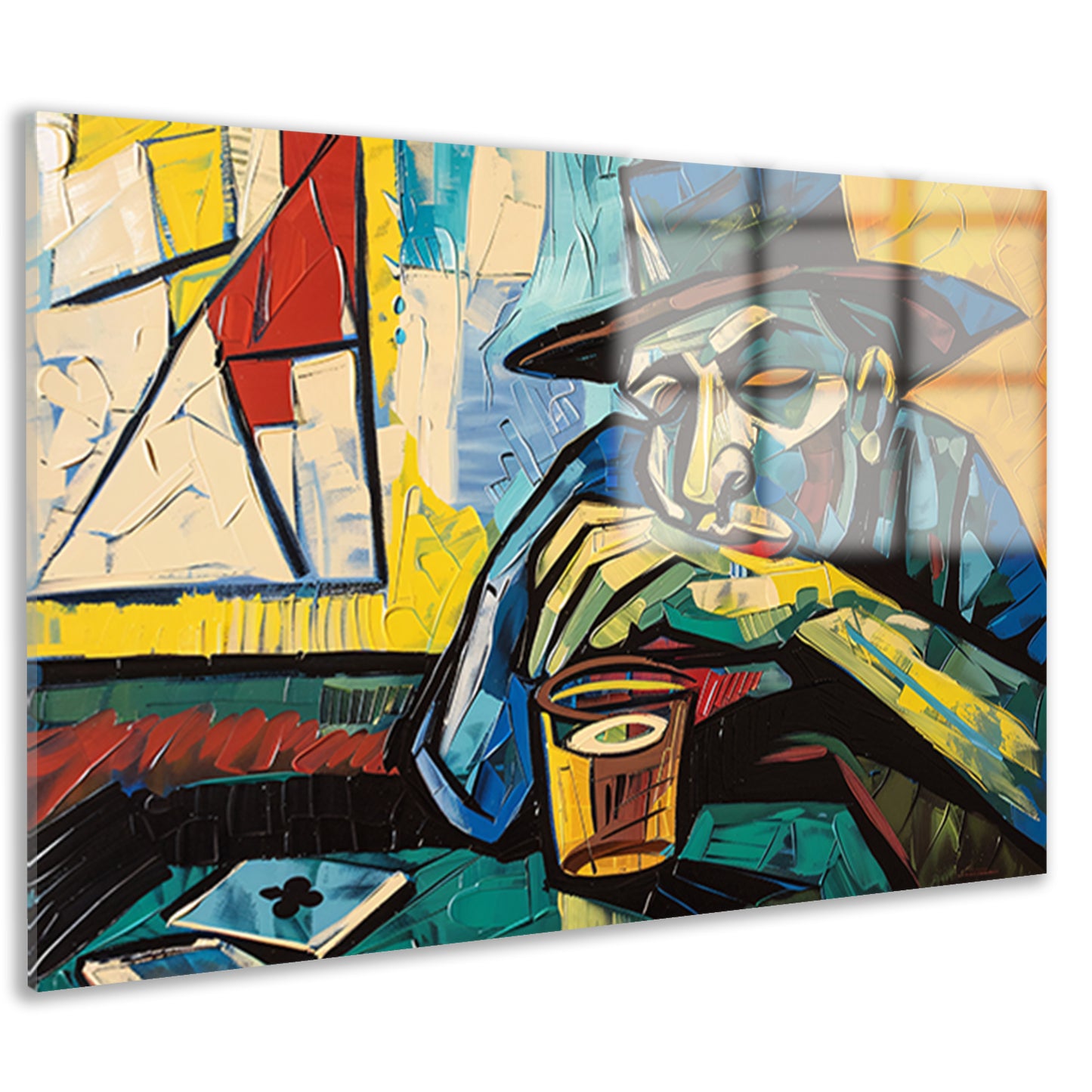 Man in café met kaart en glas   acrylglas