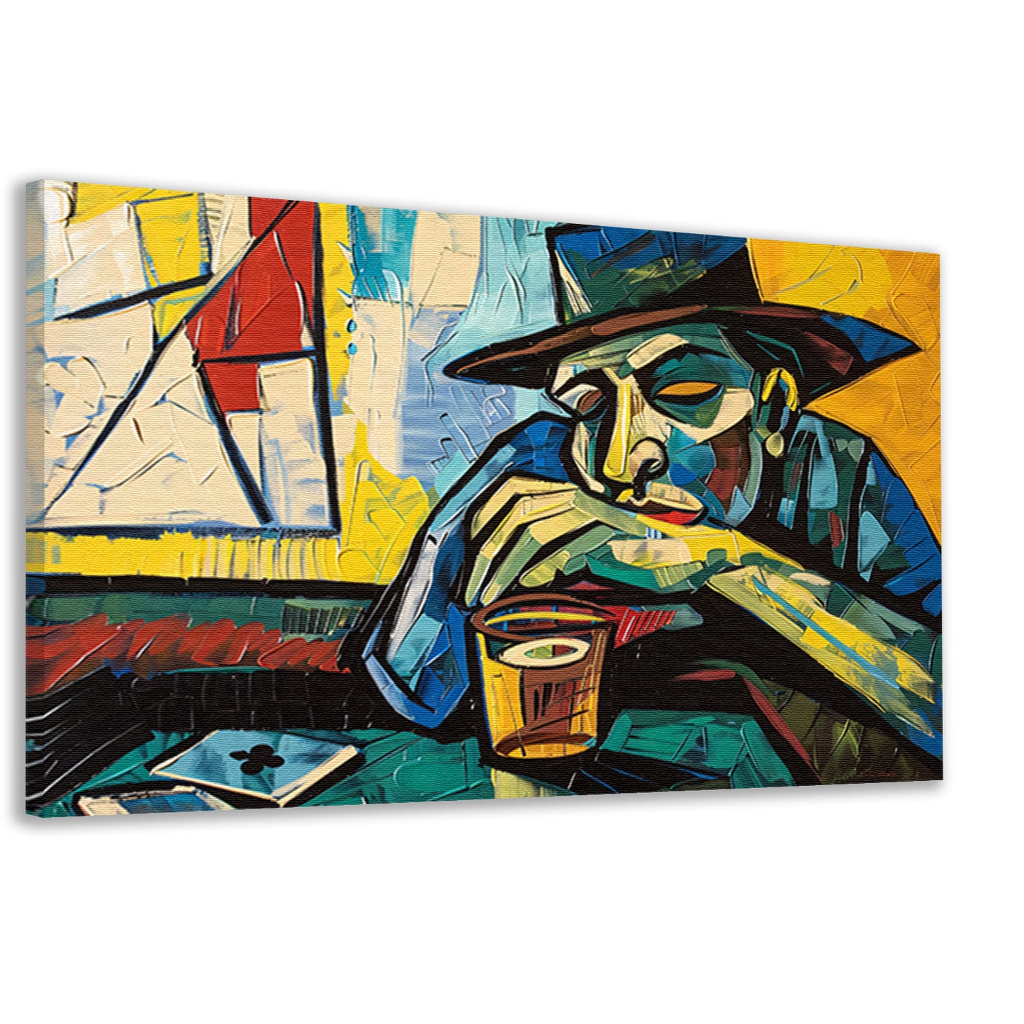 Man in café met kaart en glas canvas