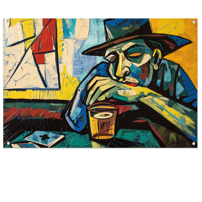 Man in café met kaart en glas   tuinposter