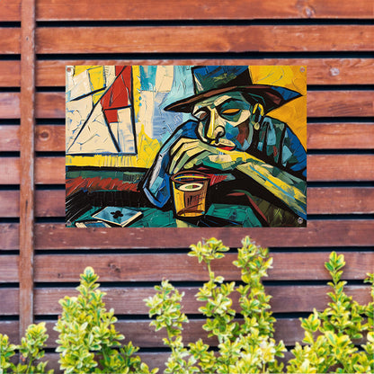 Man in café met kaart en glas   tuinposter