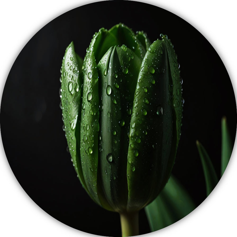 Donkergroene Tulp met Dauw op Zwart aluminium muurcirkel