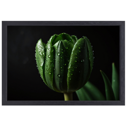 Donkergroene Tulp met Dauw op Zwart canvas met baklijst