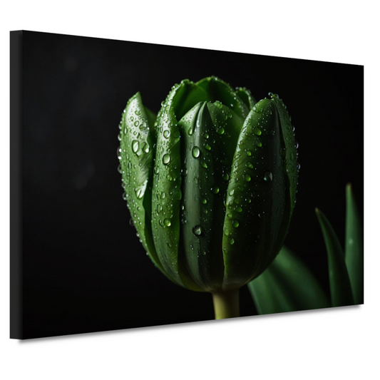 Donkergroene Tulp met Dauw op Zwart canvas