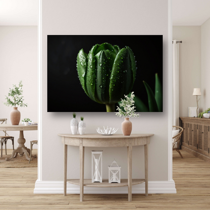Donkergroene Tulp met Dauw op Zwart poster