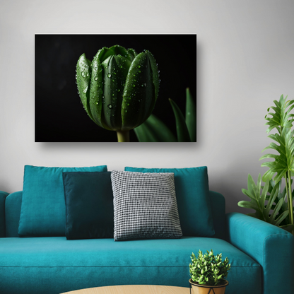 Donkergroene Tulp met Dauw op Zwart acrylglas