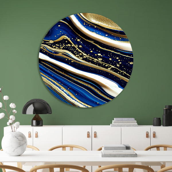 Abstracte waterval kunst met gouden accenten aluminium muurcirkel