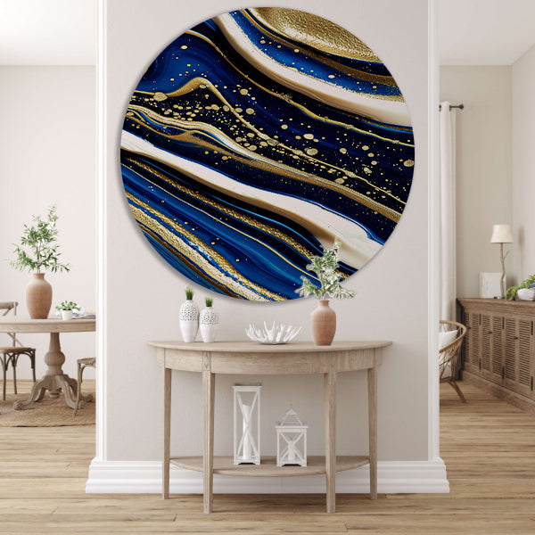 Abstracte waterval kunst met gouden accenten aluminium muurcirkel
