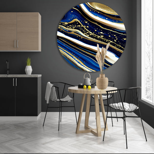 Abstracte waterval kunst met gouden accenten aluminium muurcirkel